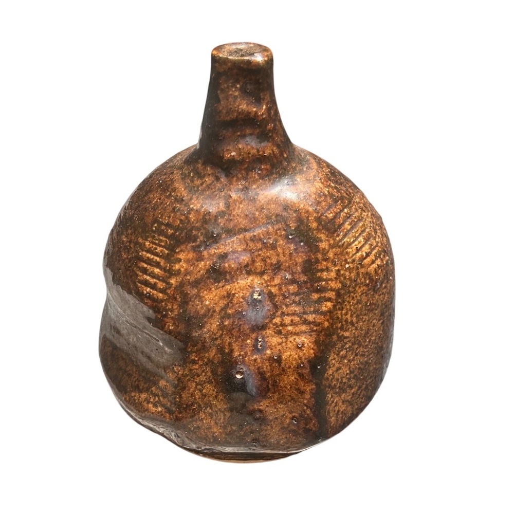 Studio Pottery Bud Vase Brown Metallic Glazed Signed Artisan Ceramic 4.5"
